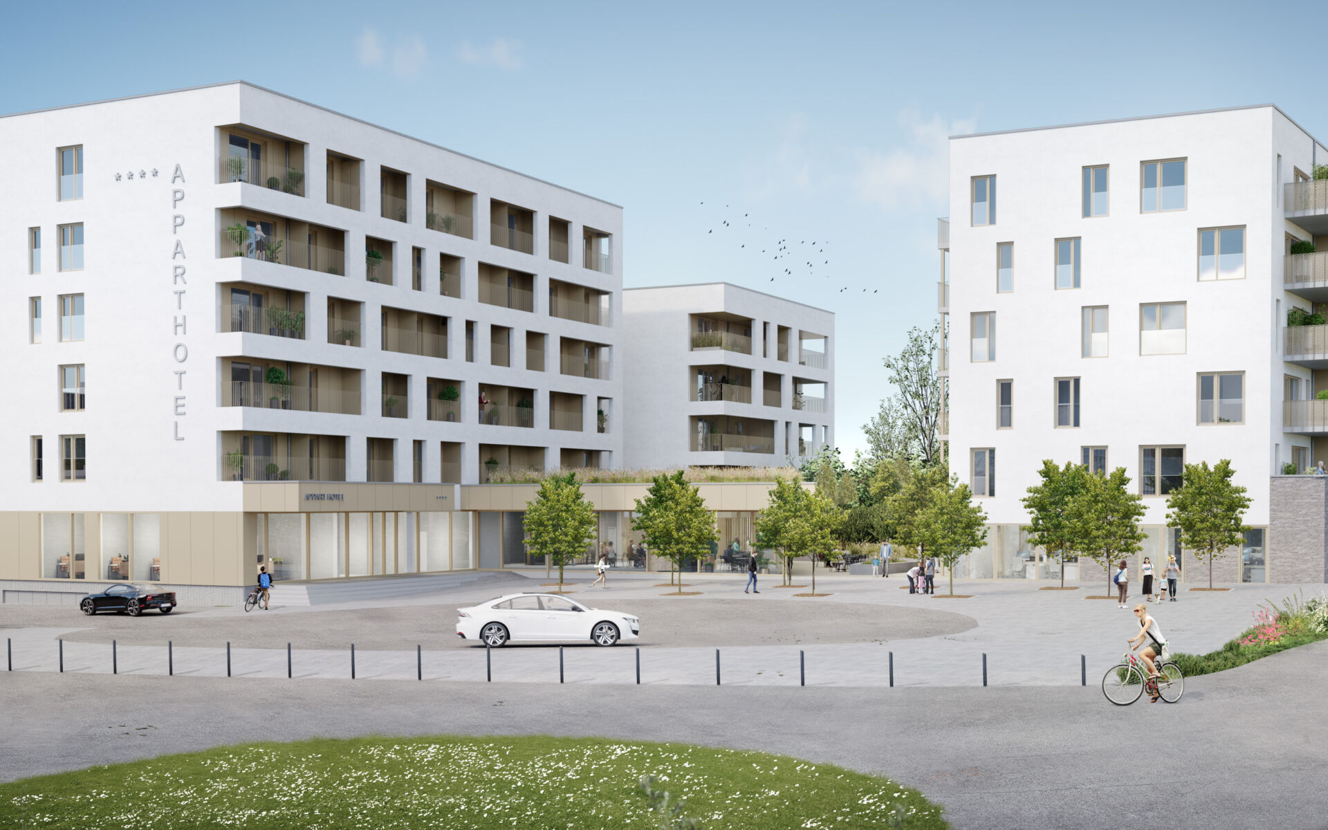 3D - bâtiments A, B et C - vue depuis esplanade du CHC